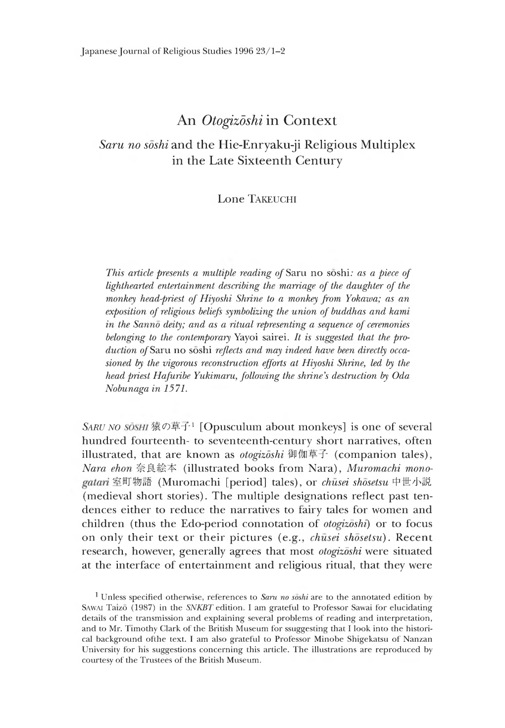 An Otogizdshi in Context Saru No Soshi and the Hie-Enryaku-Ji Religious Multiplex in the Late Sixteenth Century