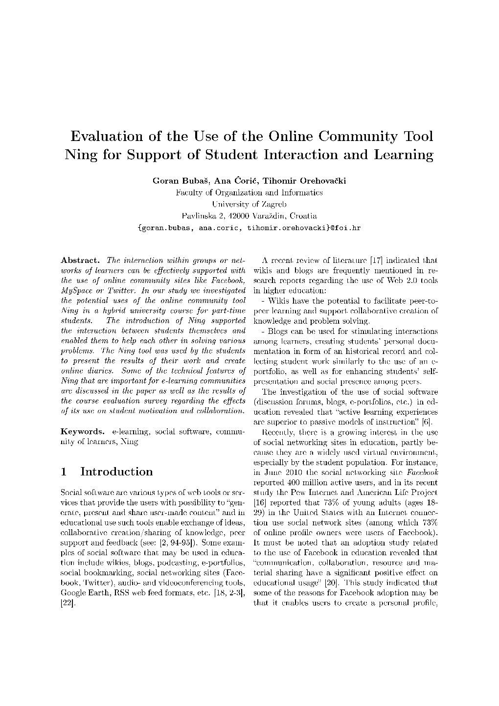 Evaluation of the Use of the Online Community Tool Ning for Support of Student Interaction and Learning