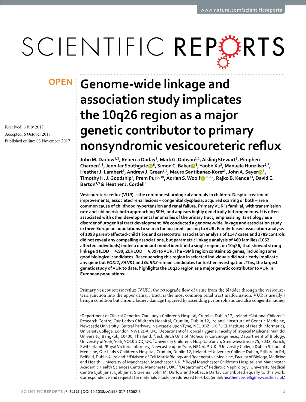 Genome-Wide Linkage and Association Study Implicates the 10Q26 Region As a Major Genetic Contributor to Primary Nonsyndromic