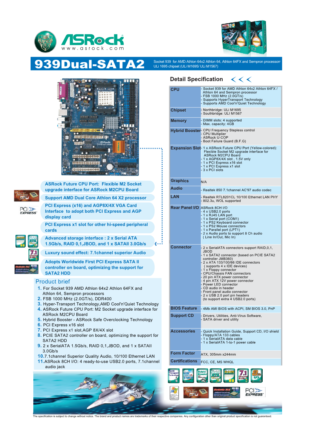 939Dual-SATA2 Uli 1695 Chipset (Uli M1695/ Uli M1567) Detail Specification