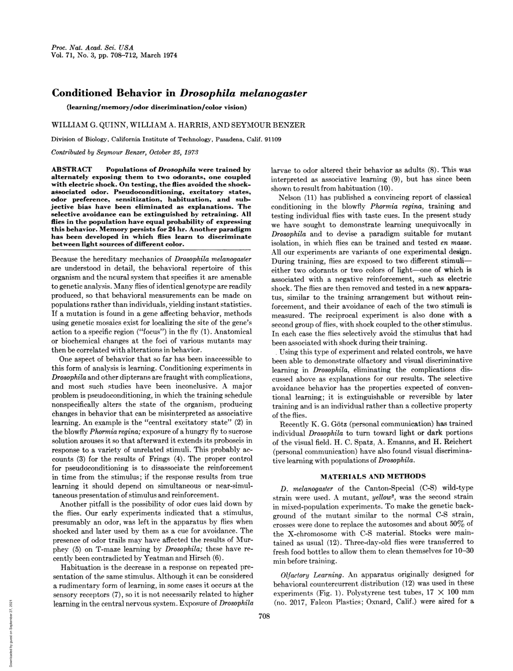 Conditioned Behavior in Drosophila Melanogaster (Learnin/Memory/Odor Discrimination/Color Vision)