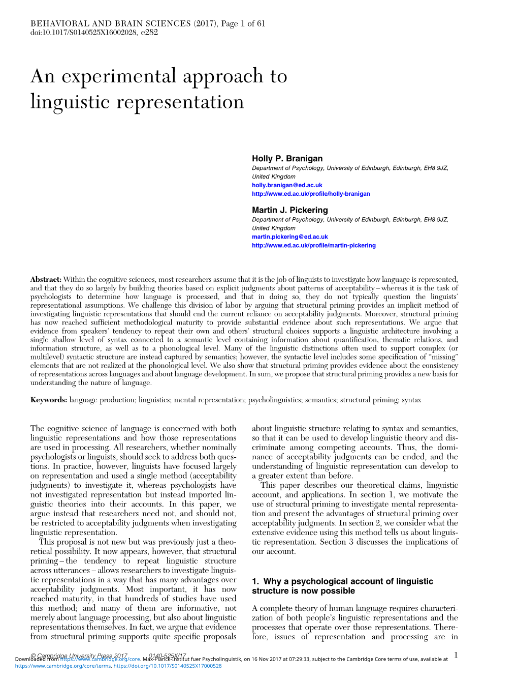 An Experimental Approach to Linguistic Representation