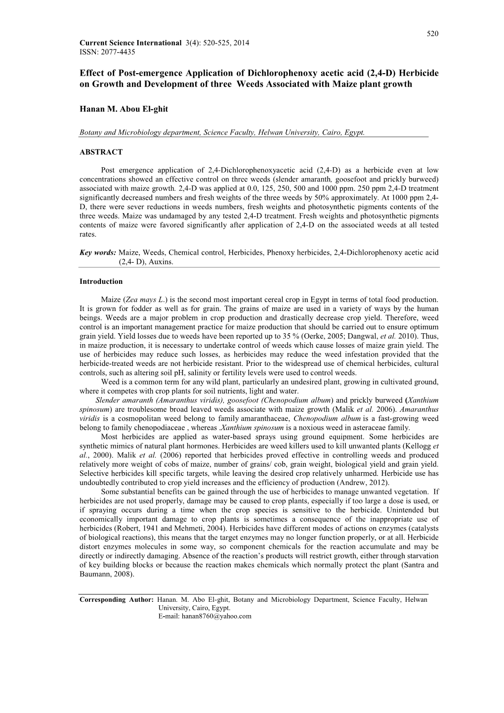 Effect of Post-Emergence Application of Dichlorophenoxy Acetic Acid (2,4-D) Herbicide on Growth and Development of Three Weeds Associated with Maize Plant Growth