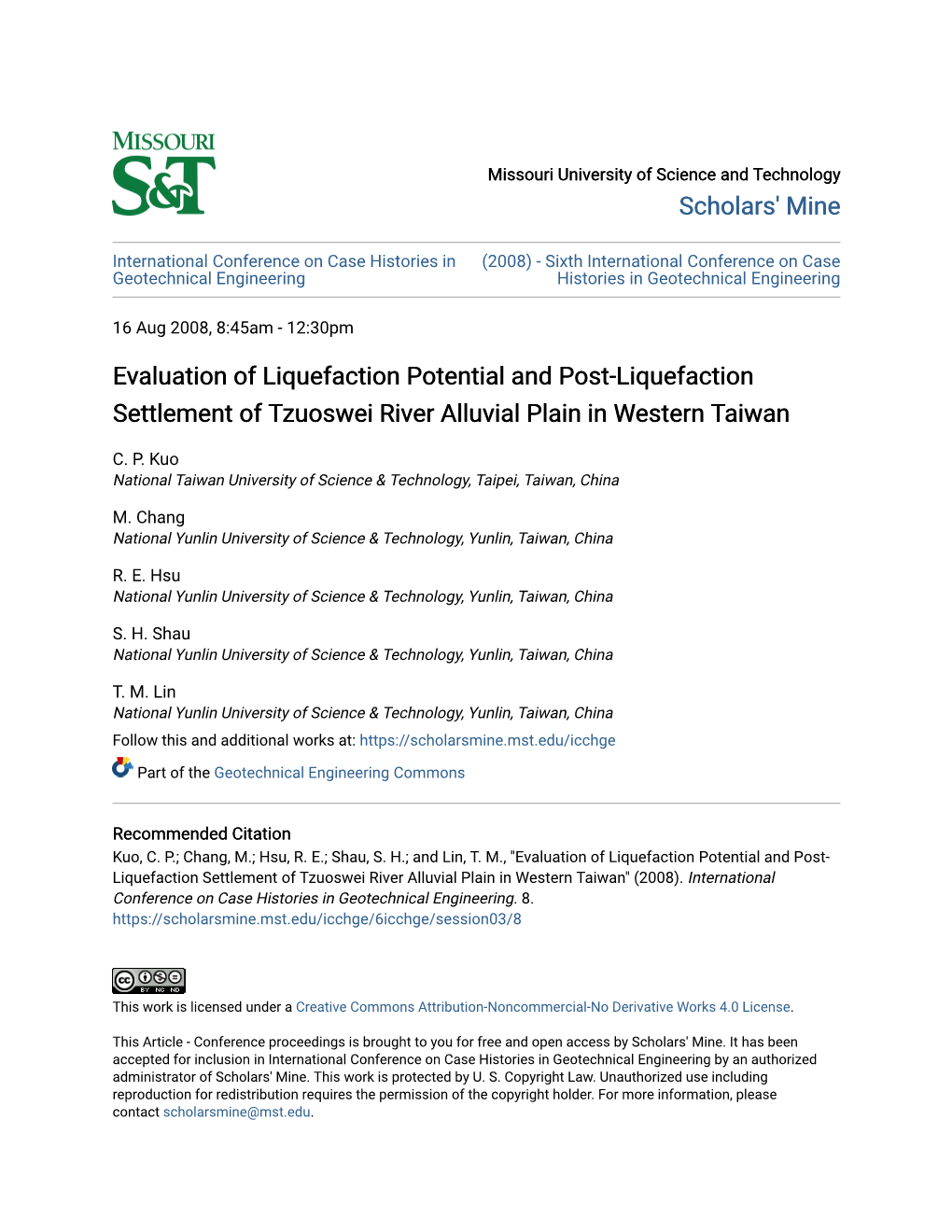 Evaluation of Liquefaction Potential and Post-Liquefaction Settlement of Tzuoswei River Alluvial Plain in Western Taiwan