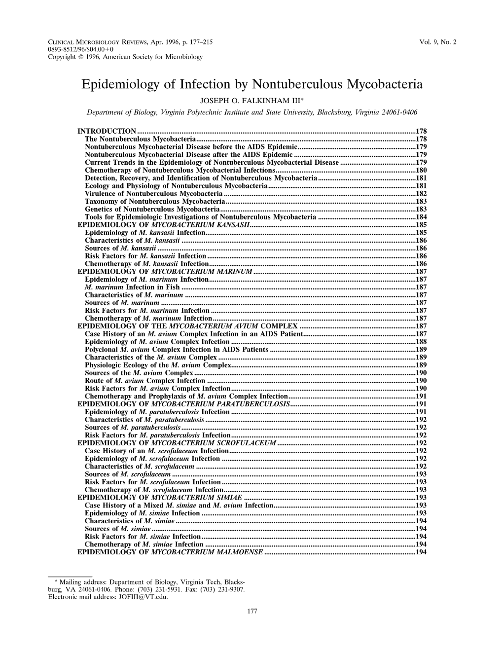 Epidemiology of Infection by Nontuberculous Mycobacteria JOSEPH O