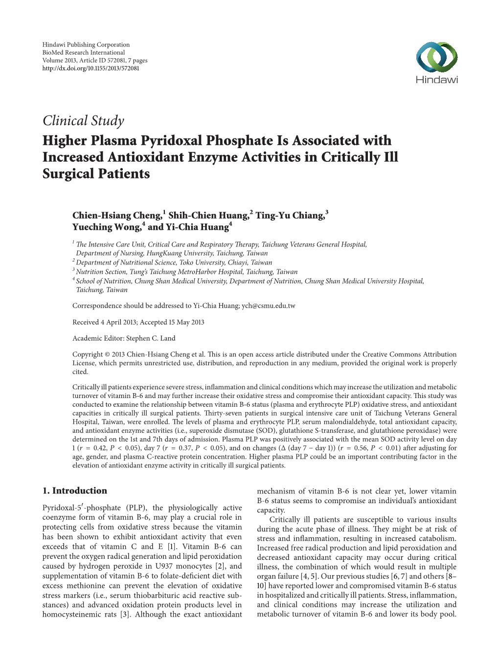 Higher Plasma Pyridoxal Phosphate Is Associated with Increased Antioxidant Enzyme Activities in Critically Ill Surgical Patients