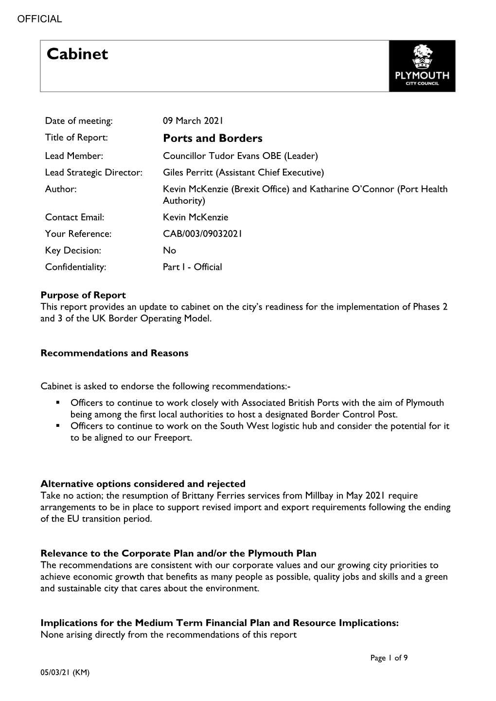 Cabinet Report on Ports and Borders , Item 125