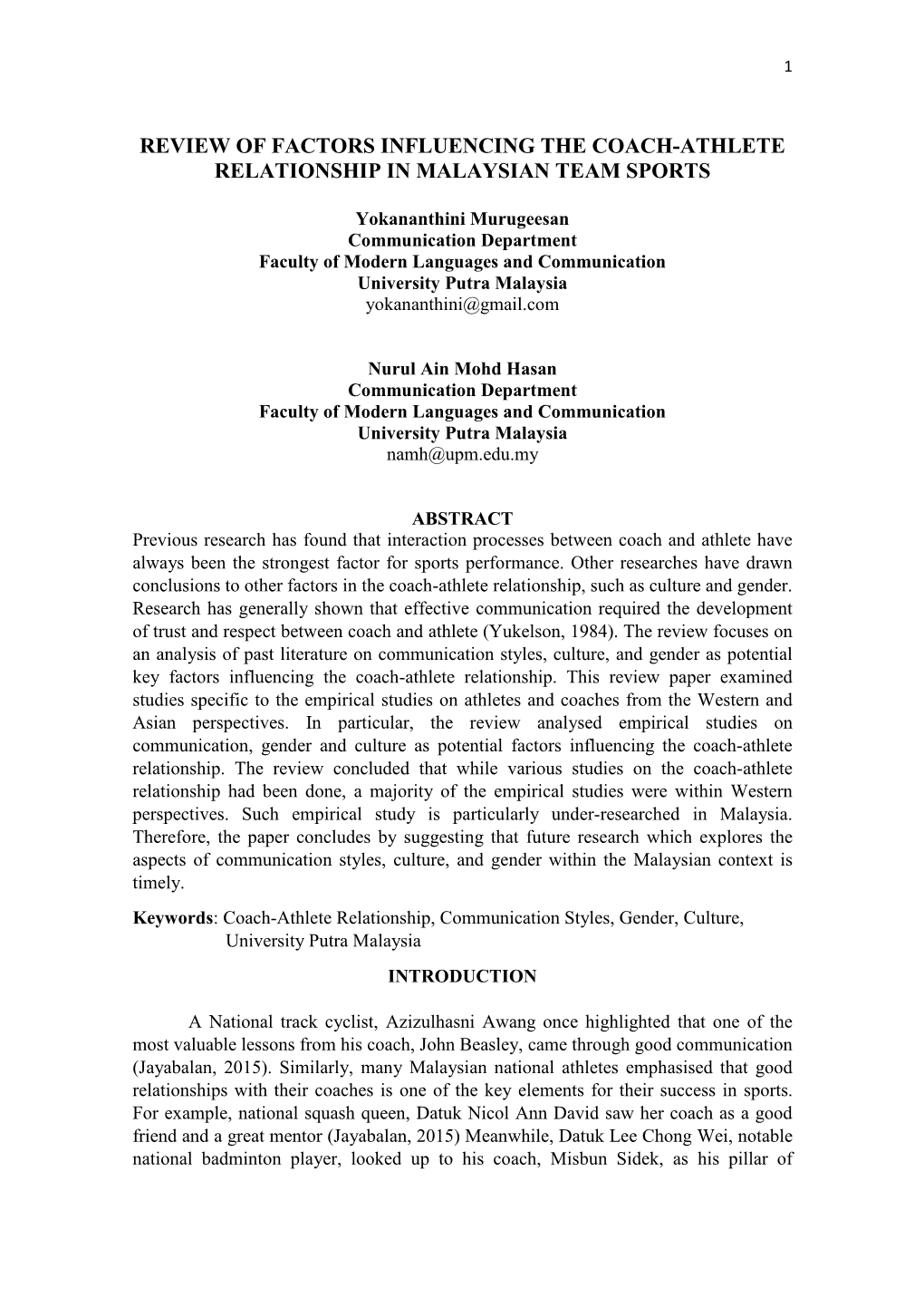 Review of Factors Influencing the Coach-Athlete Relationship in Malaysian Team Sports