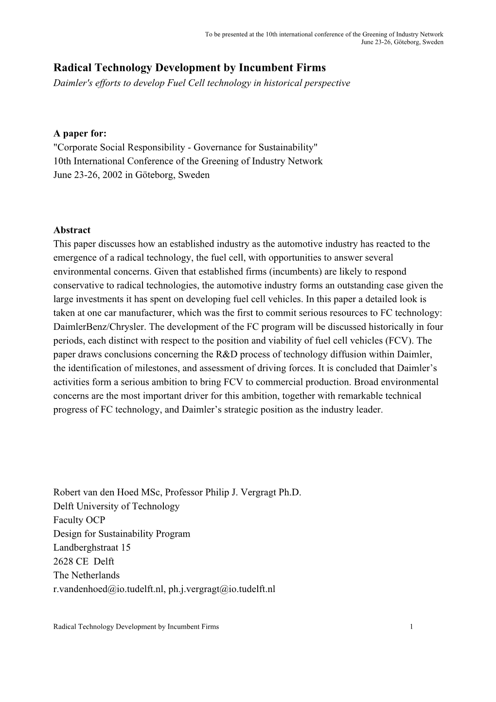 Radical Technology Development by Incumbent Firms Daimler's Efforts to Develop Fuel Cell Technology in Historical Perspective