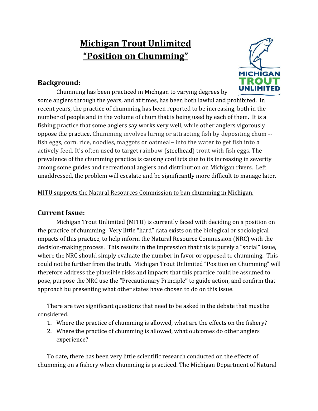 Michigan Trout Unlimited “Position on Chumming”