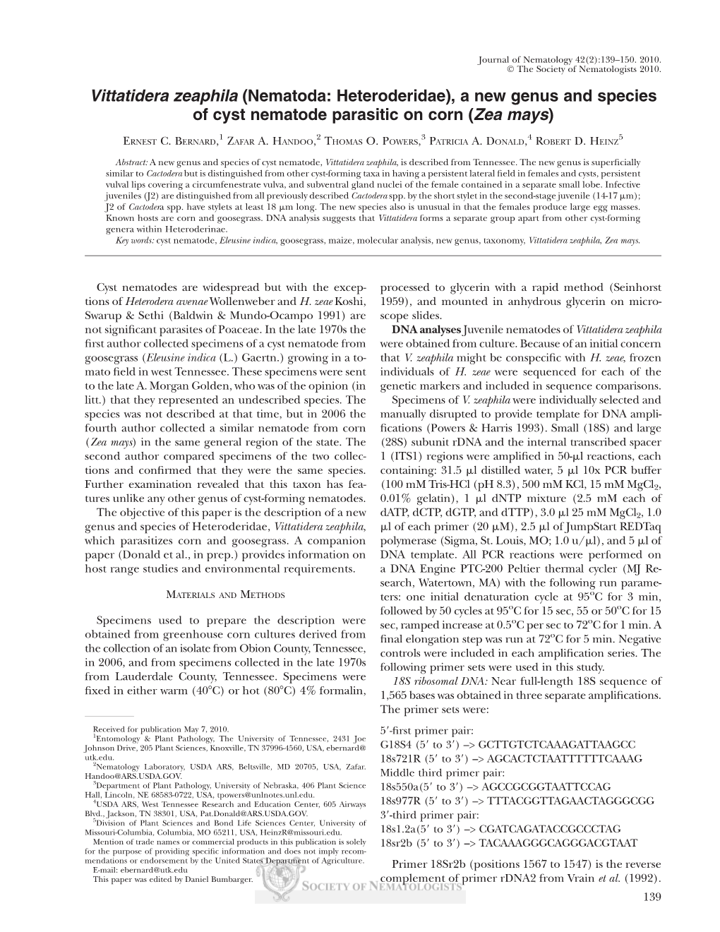 Vittatidera Zeaphila (Nematoda: Heteroderidae), a New Genus and Species of Cyst Nematode Parasitic on Corn (Zea Mays)