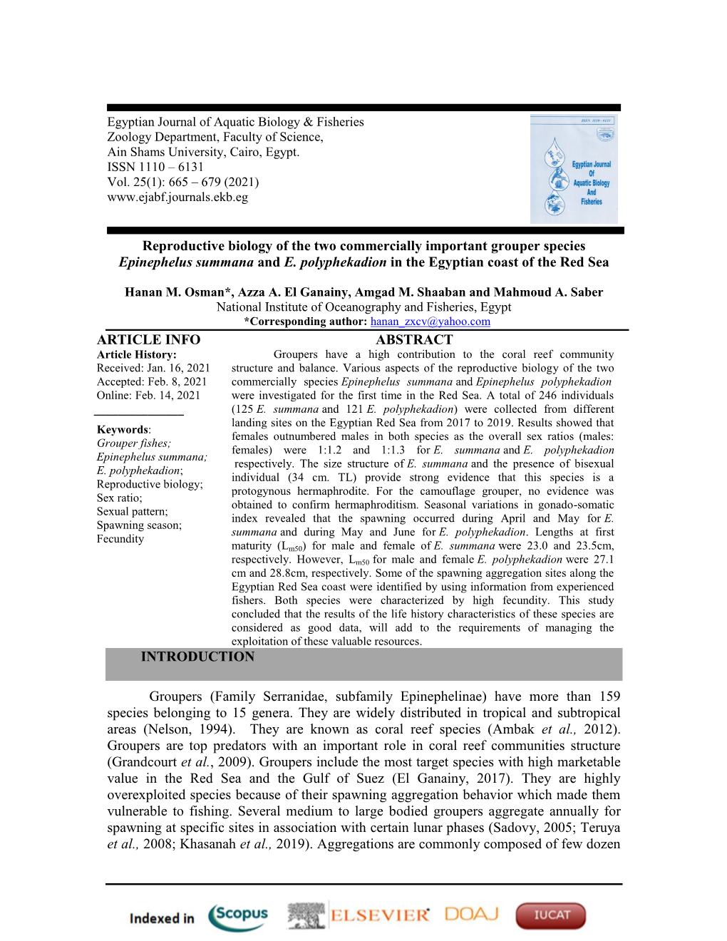 Reproductive Biology of the Two Commercially Important Grouper Species Epinephelus Summana and E