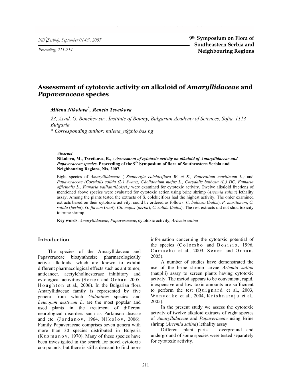 Assessment of Cytotoxic Activity on Alkaloid of Amaryllidaceae and Papaveraceae Species