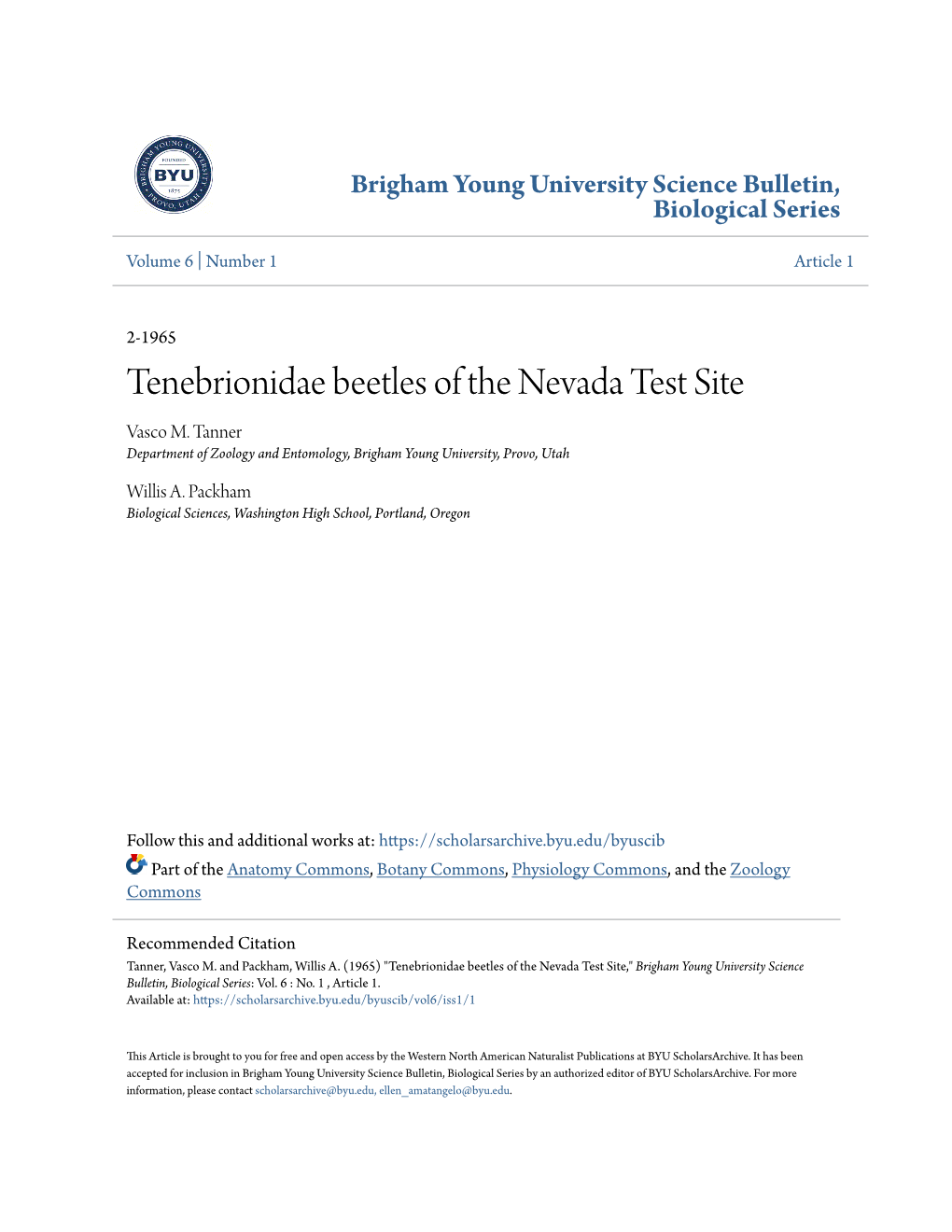 Tenebrionidae Beetles of the Nevada Test Site Vasco M