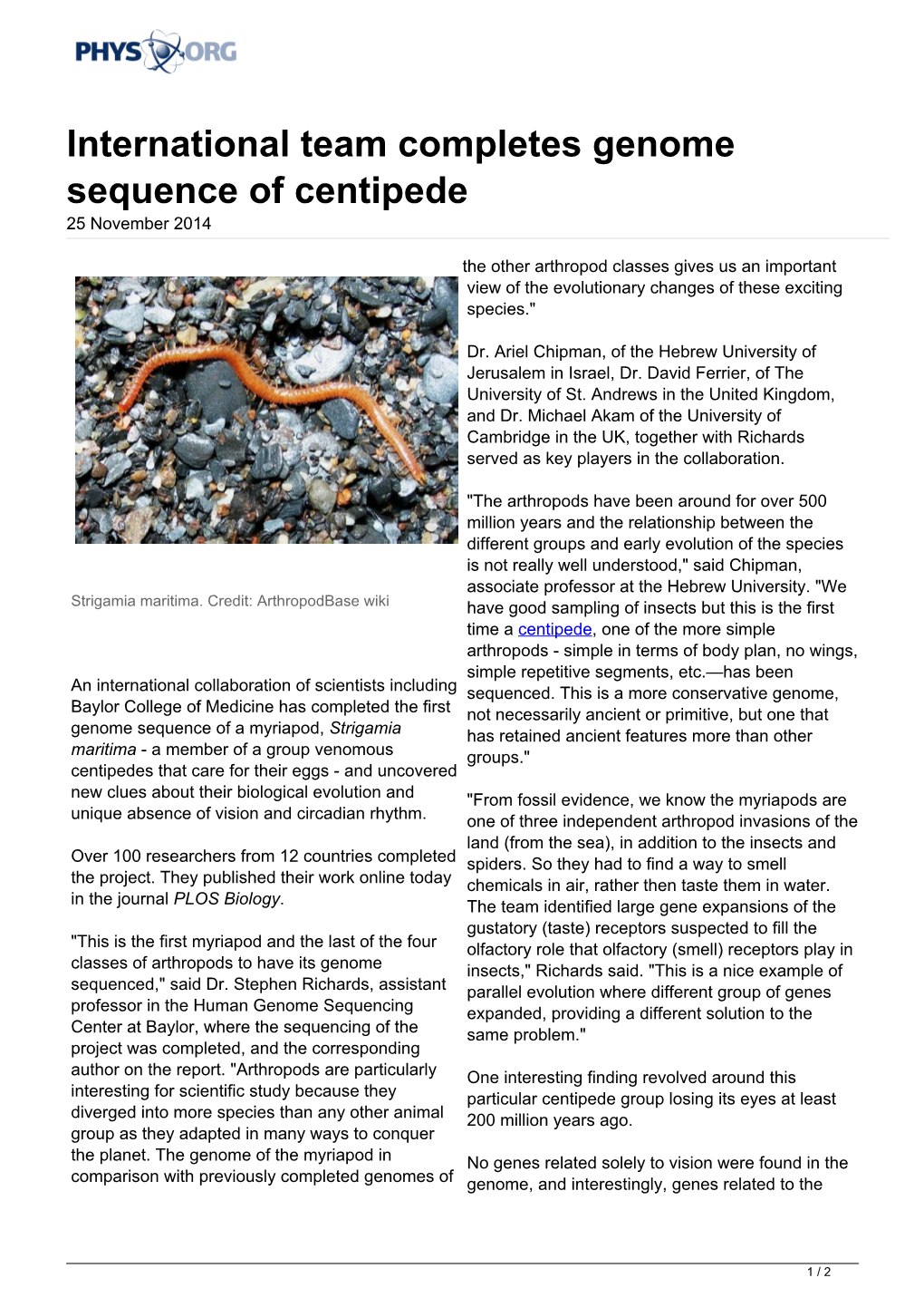 International Team Completes Genome Sequence of Centipede 25 November 2014