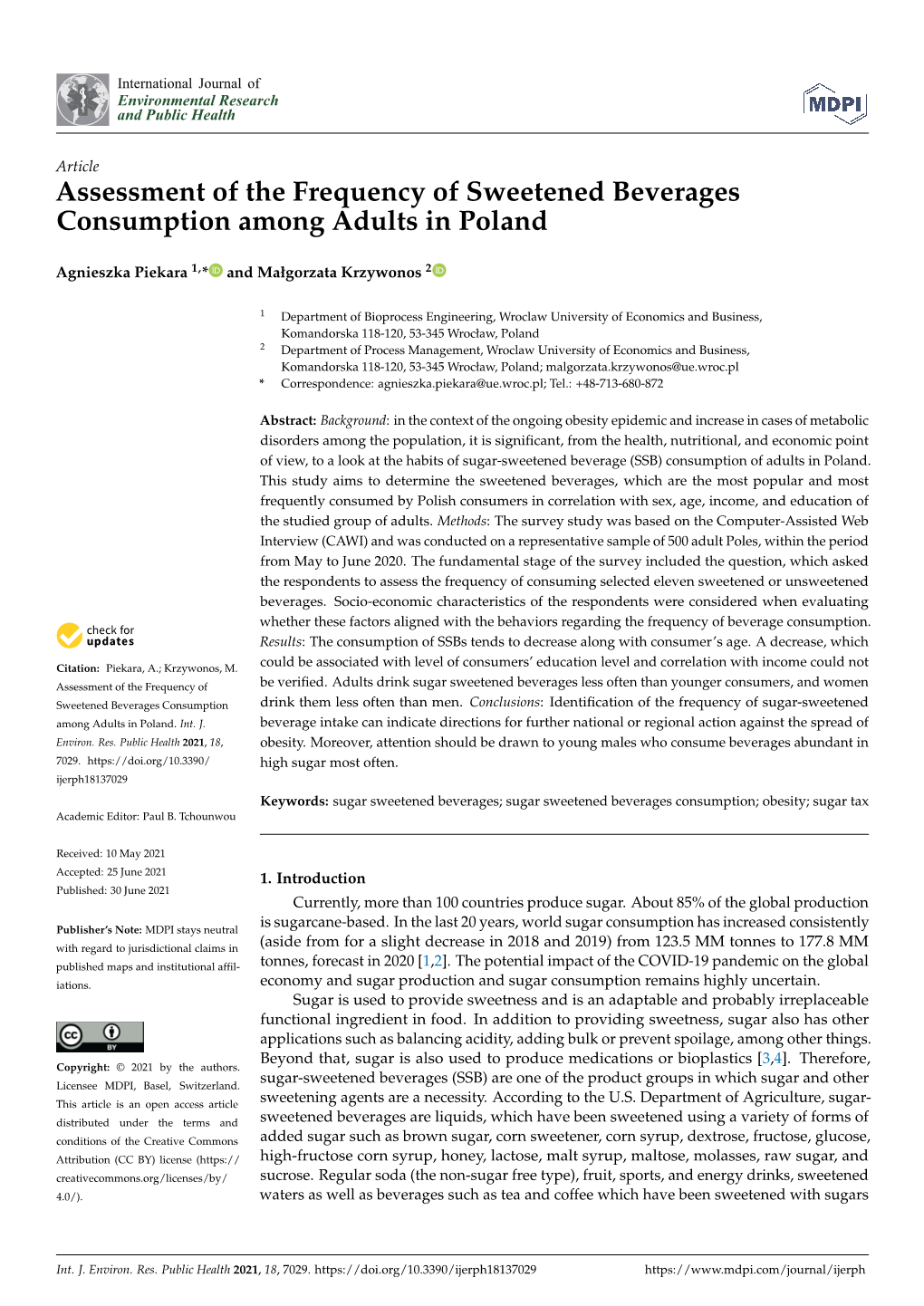 Assessment of the Frequency of Sweetened Beverages Consumption Among Adults in Poland