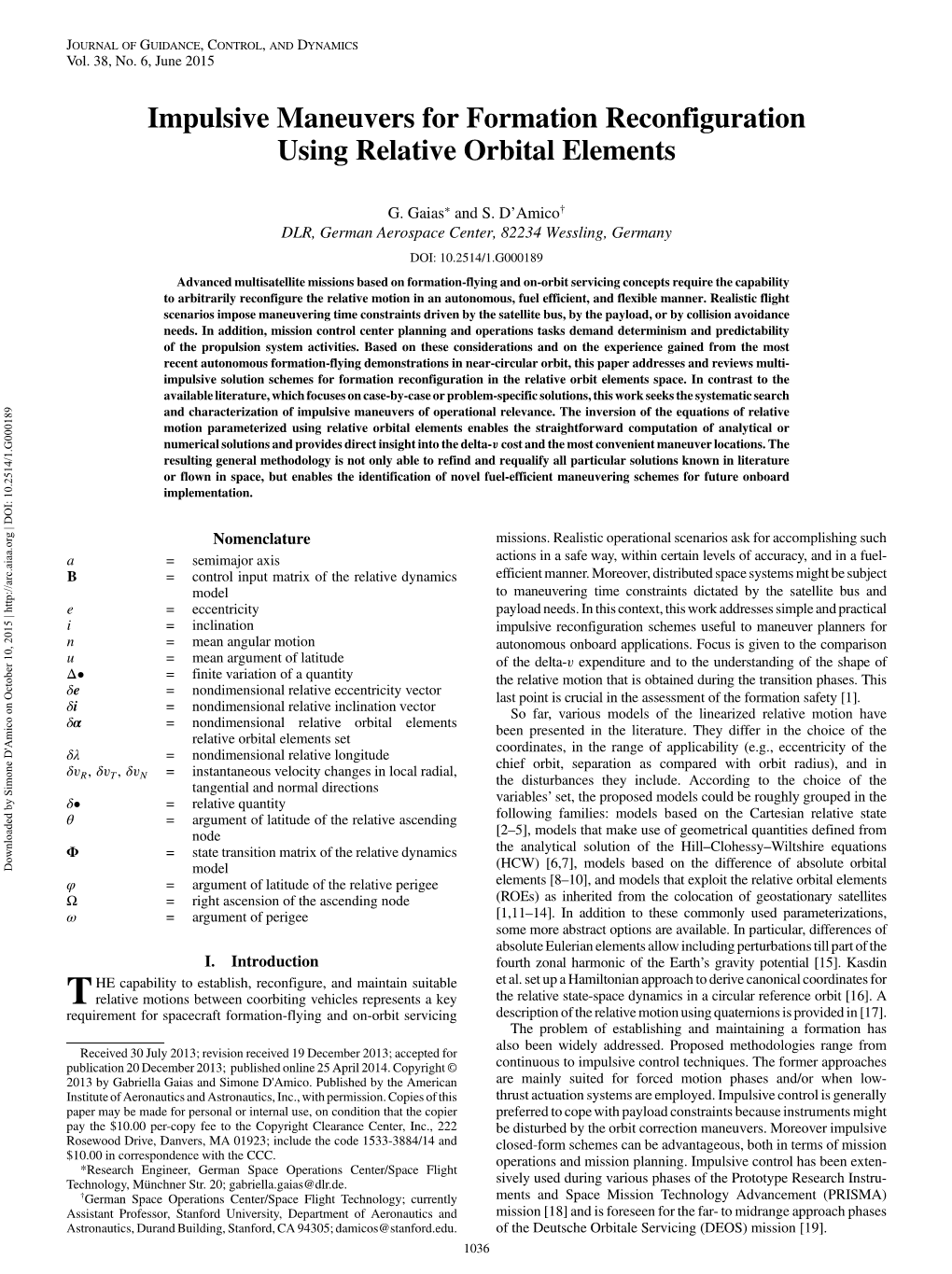 Impulsive Maneuvers for Formation Reconfiguration Using Relative Orbital Elements