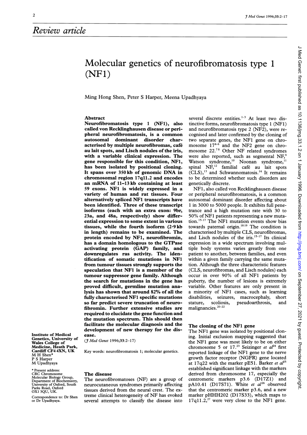 Review Article J Med Genet: First Published As 10.1136/Jmg.33.1.2 on 1 January 1996