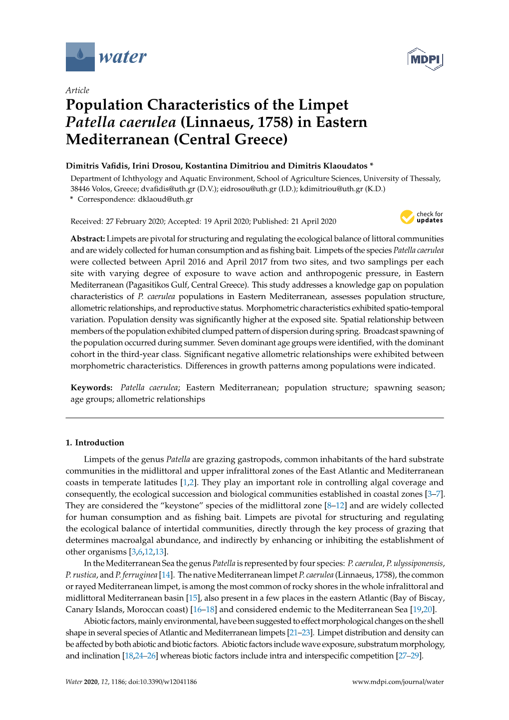 Population Characteristics of the Limpet Patella Caerulea (Linnaeus, 1758) in Eastern Mediterranean (Central Greece)