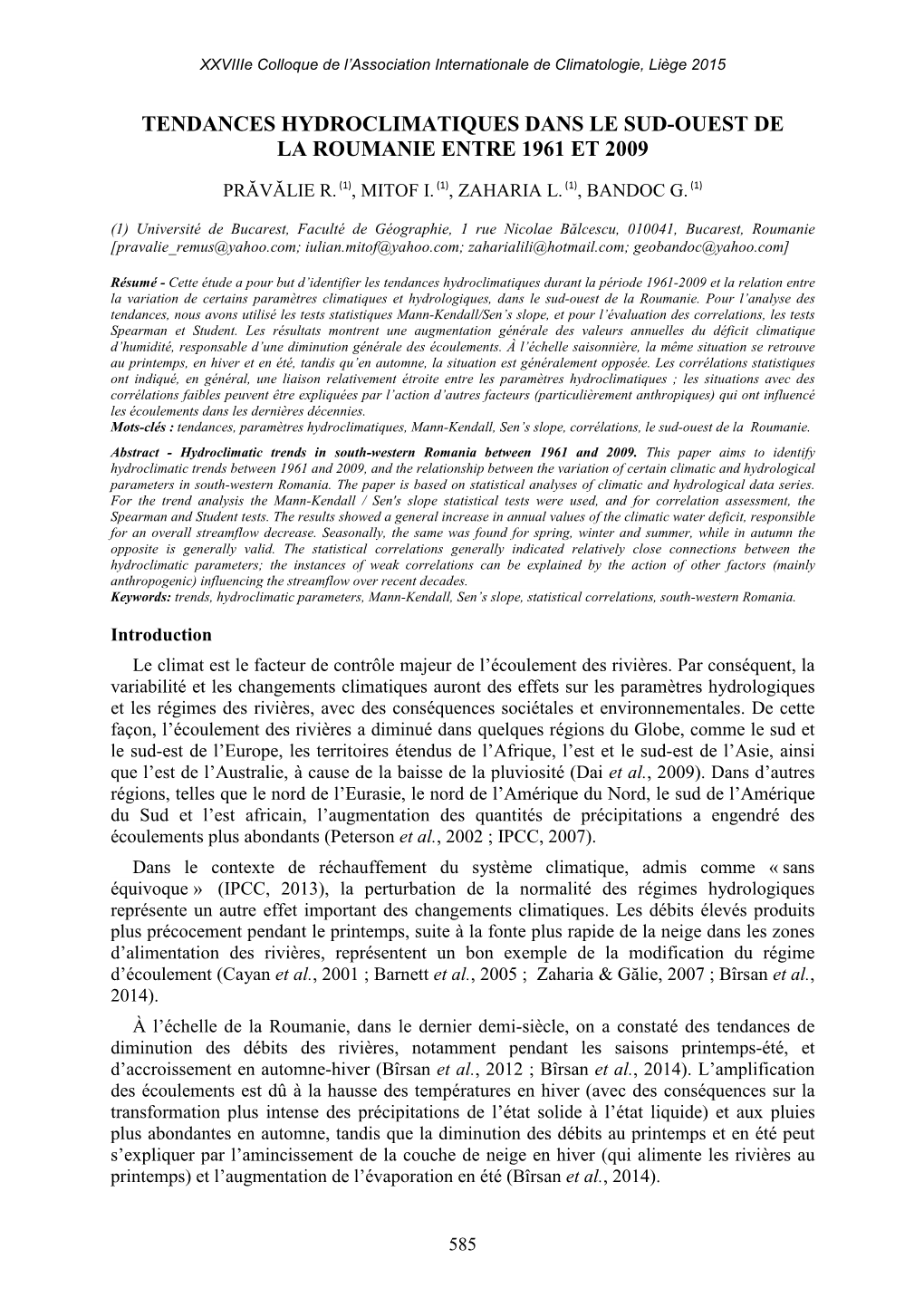 Tendances Hydroclimatiques Dans Le Sud-Ouest De La Roumanie Entre 1961 Et 2009