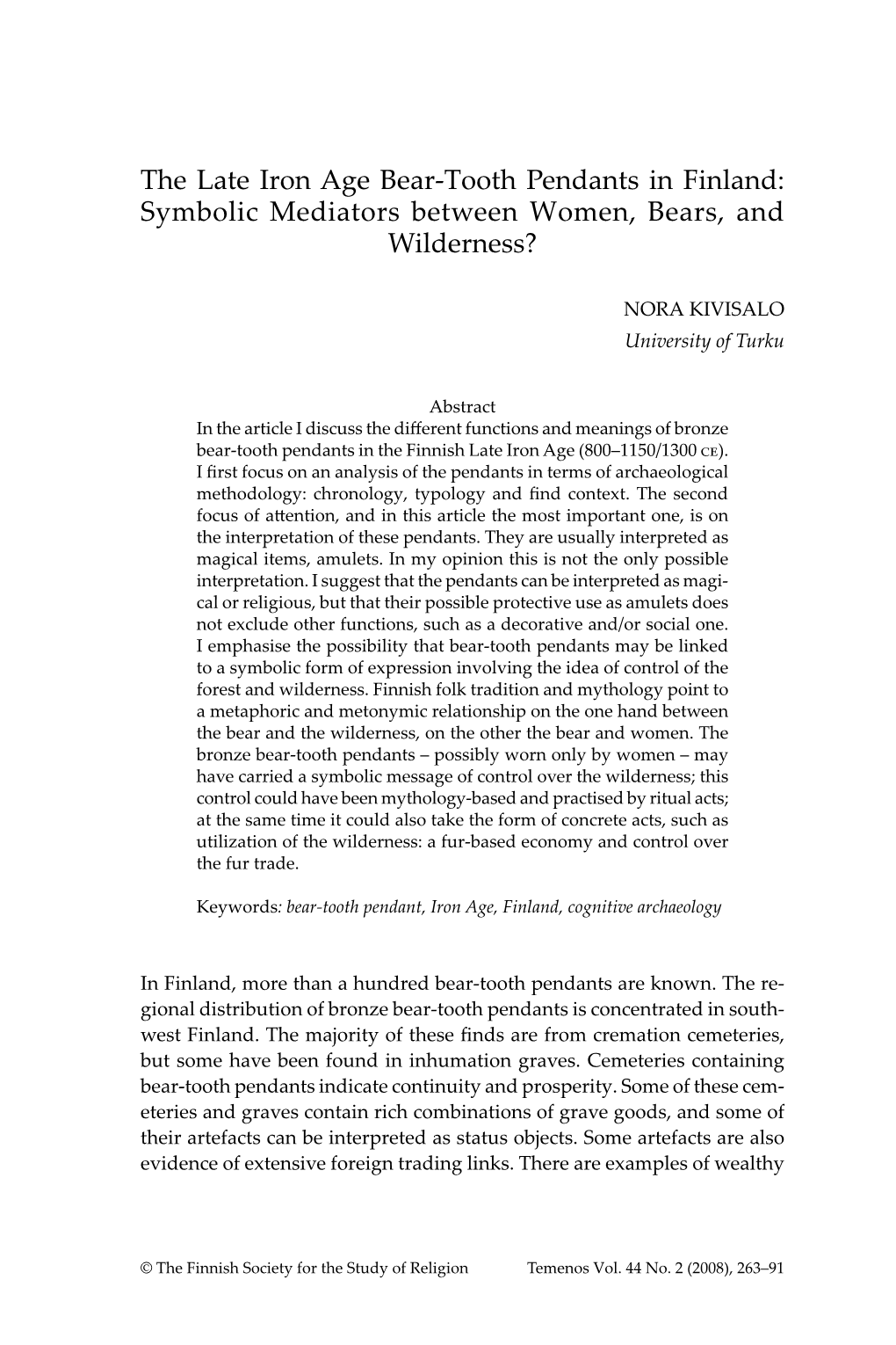 The Late Iron Age Bear-Tooth Pendants in Finland: Symbolic Mediators Between Women, Bears, and Wilderness?