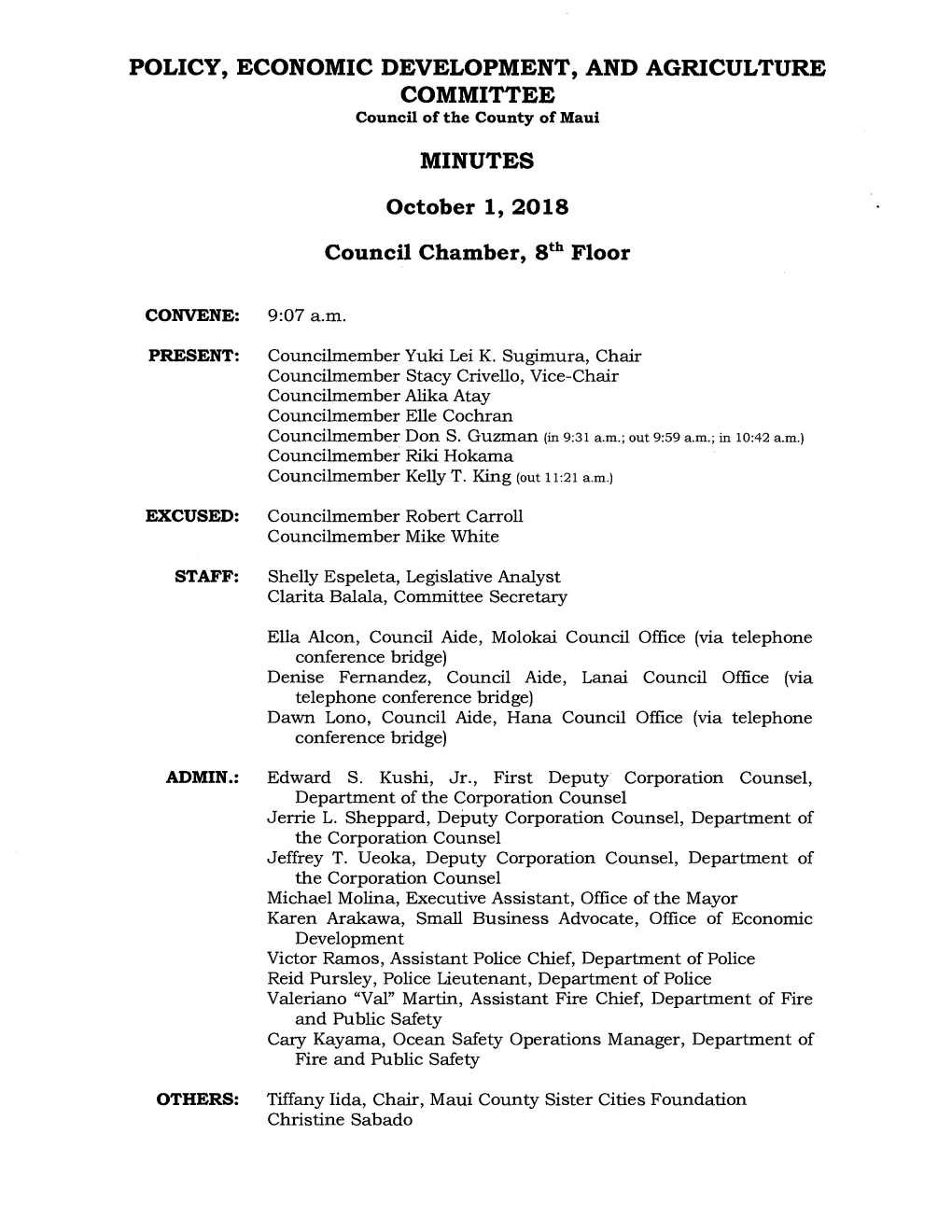 POLICY, ECONOMIC DEVELOPMENT, and AGRICULTURE COMMITTEE Council of the County of Maui