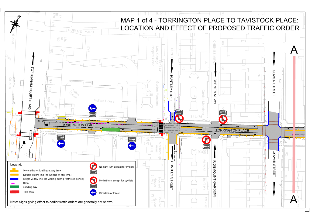 MAP 1 of 4 - TORRINGTON PLACE to TAVISTOCK PLACE: 107 to 113 to 107 QUEEN's LOCATION and EFFECT58 of PROPOSED TRAFFIC ORDER YARD