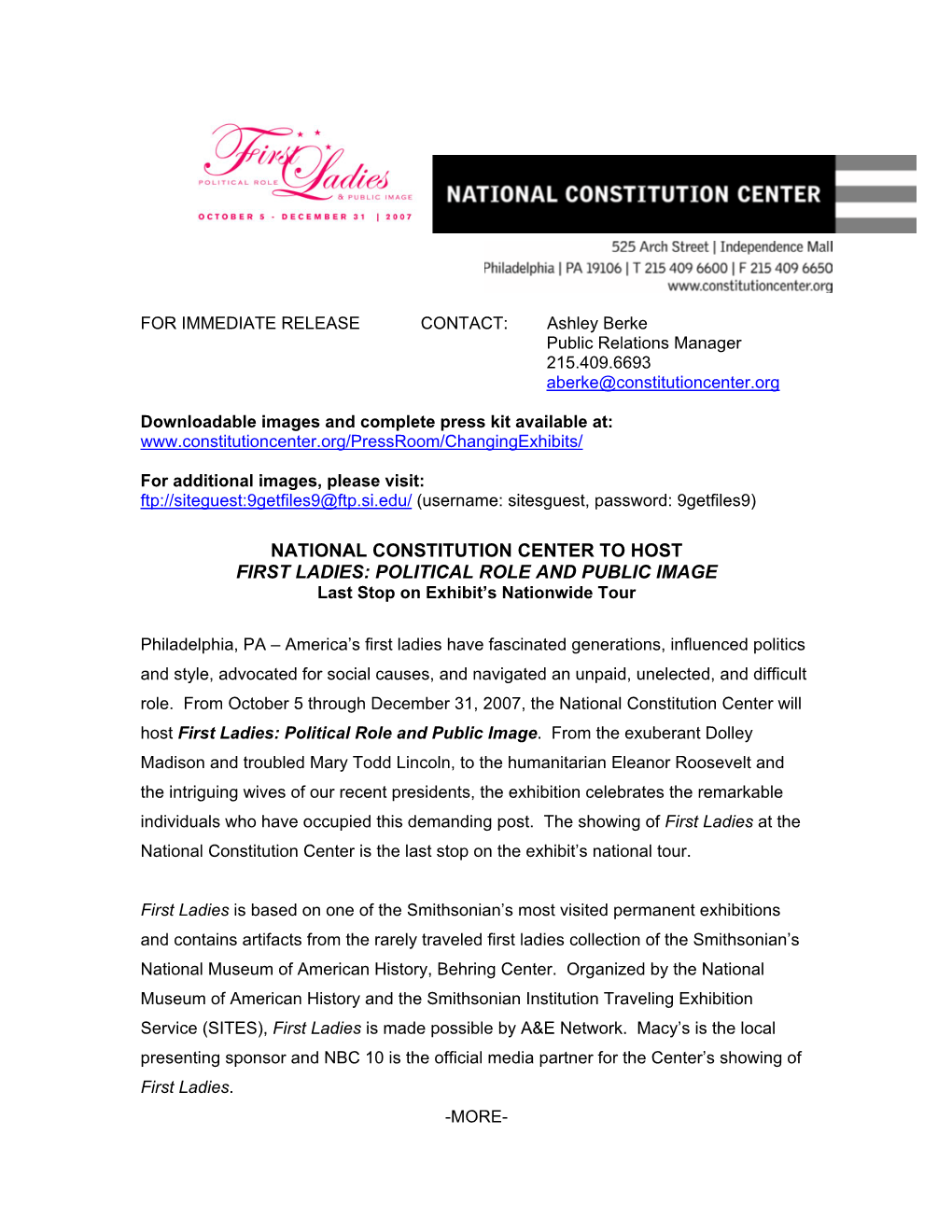 NATIONAL CONSTITUTION CENTER to HOST FIRST LADIES: POLITICAL ROLE and PUBLIC IMAGE Last Stop on Exhibit’S Nationwide Tour
