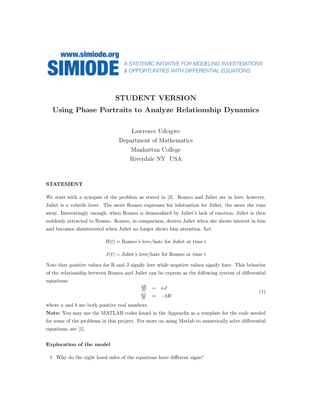 STUDENT VERSION Using Phase Portraits to Analyze Relationship Dynamics