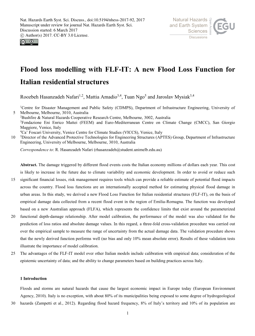 Flood Loss Modelling with FLF-IT: a New Flood Loss Function for Italian Residential Structures