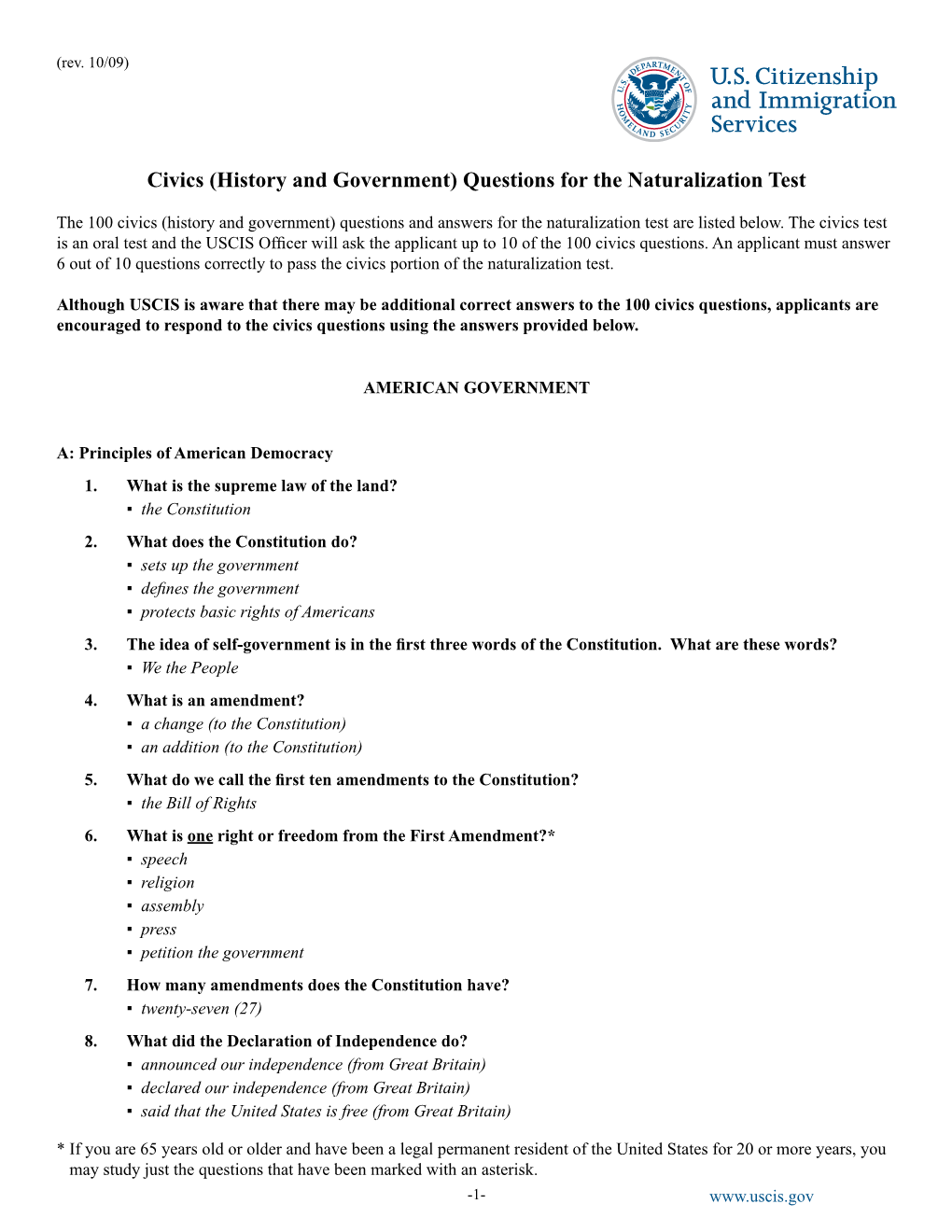 Civics (History and Government) Questions for the Naturalization Test