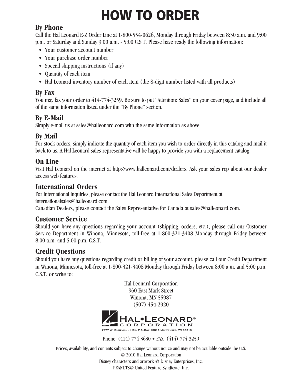 How to Order by Phone Call the Hal Leonard E-Z Order Line at 1-800-554-0626, Monday Through Friday Between 8:30 A.M