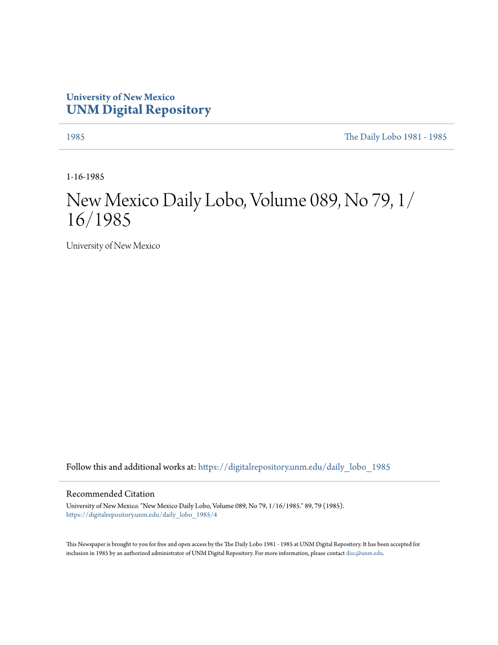 New Mexico Daily Lobo, Volume 089, No 79, 1/16/1985." 89, 79 (1985)