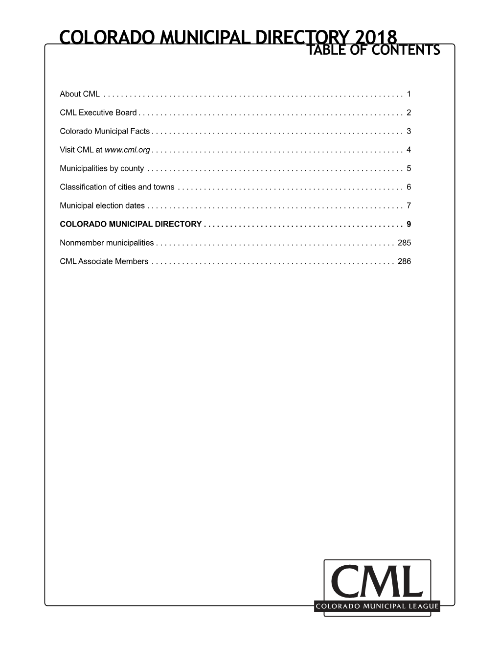 Colorado Municipal Directory 2018 Table of Contents