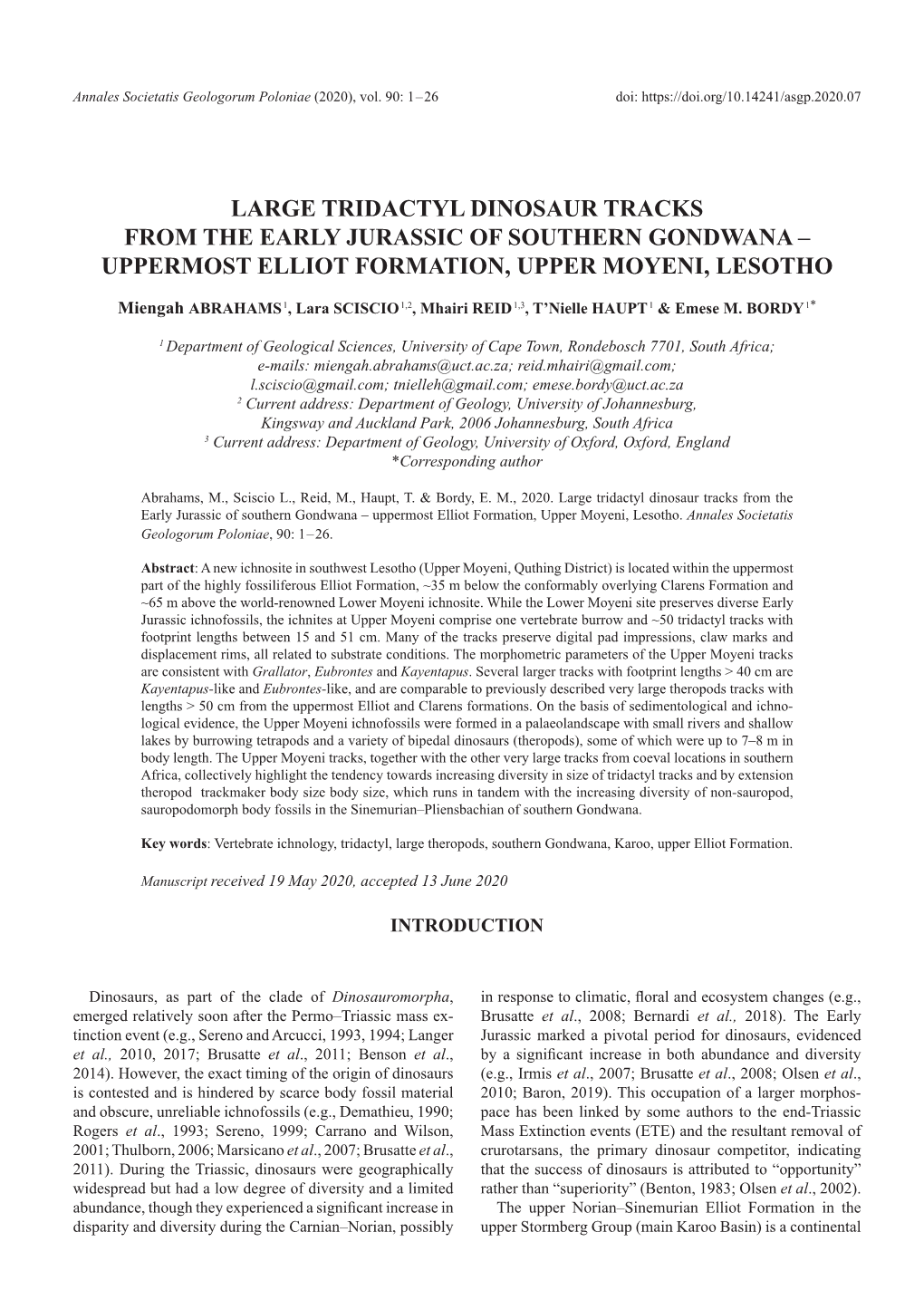 Large Tridactyl Dinosaur Tracks from the Early Jurassic of Southern Gondwana – Uppermost Elliot Formation, Upper Moyeni, Lesotho