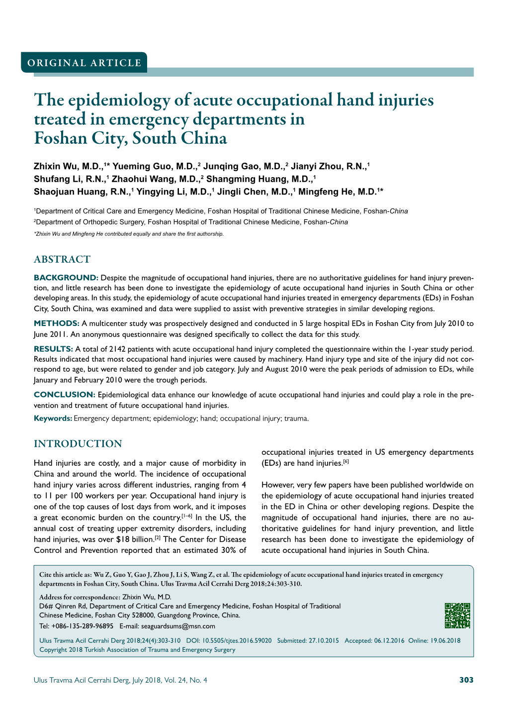The Epidemiology of Acute Occupational Hand Injuries Treated in Emergency Departments in Foshan City, South China