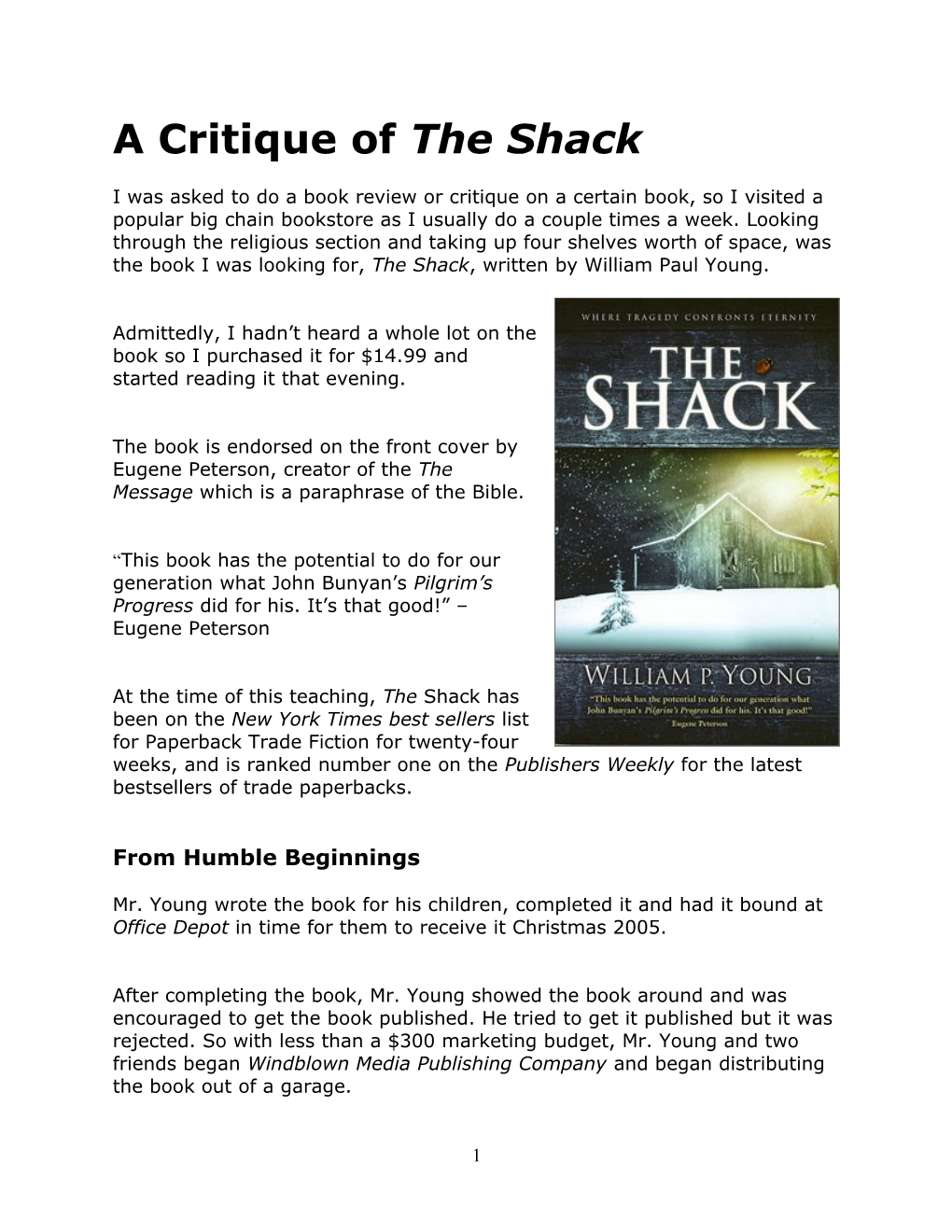 A Critique of the Book the Shack