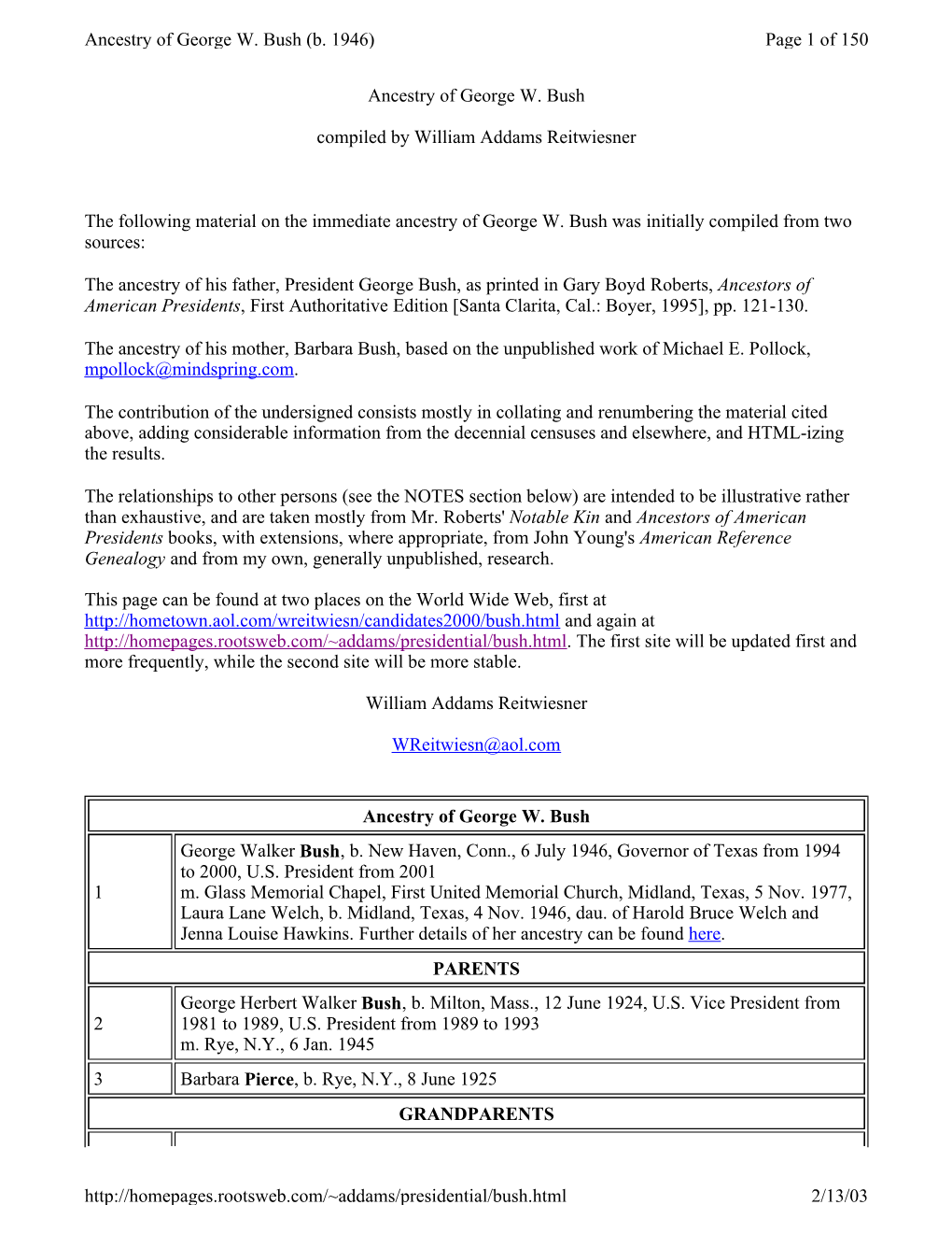 Ancestry of George W. Bush Compiled by William Addams Reitwiesner