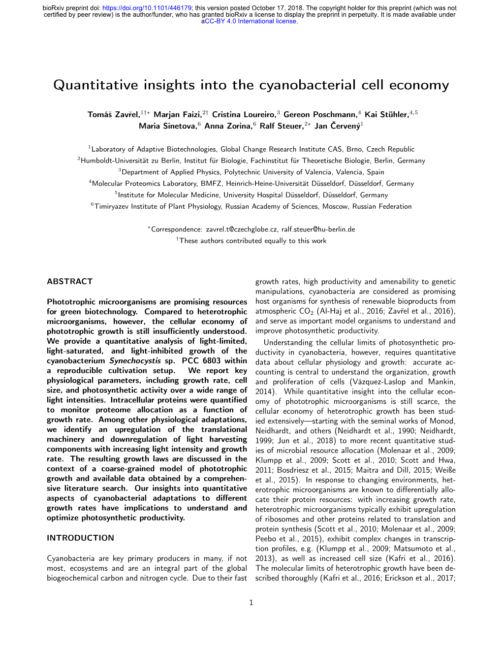 Quantitative Insights Into the Cyanobacterial Cell Economy