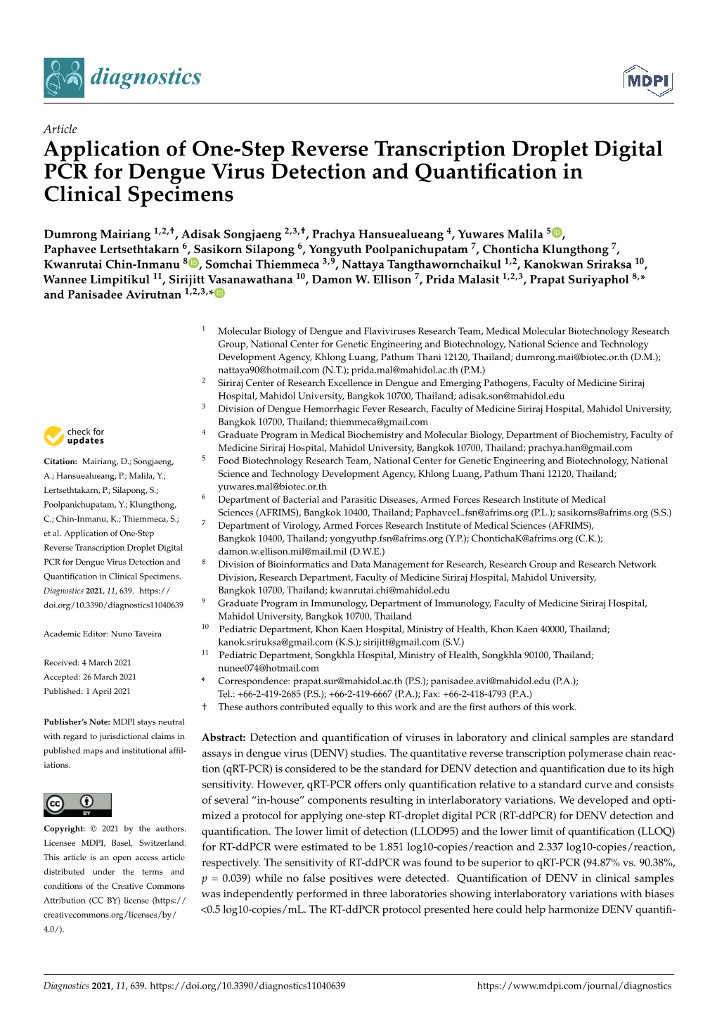 Application of One-Step Reverse Transcription Droplet Digital PCR for Dengue Virus Detection and Quantiﬁcation in Clinical Specimens