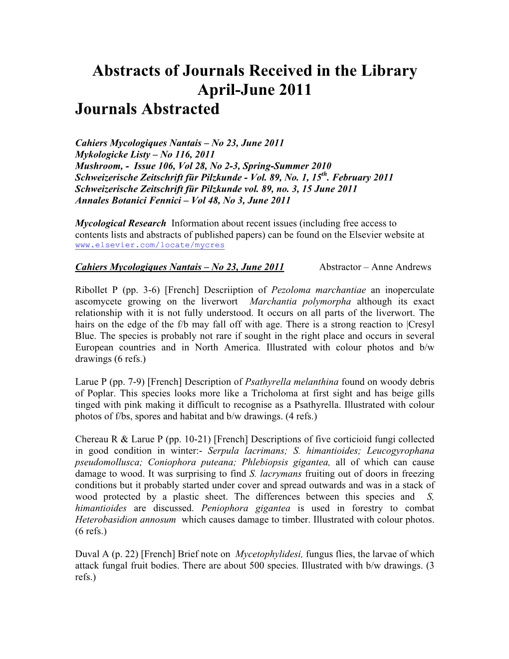 Abstracts of Journals Received in the Library April-June 2011 Journals Abstracted