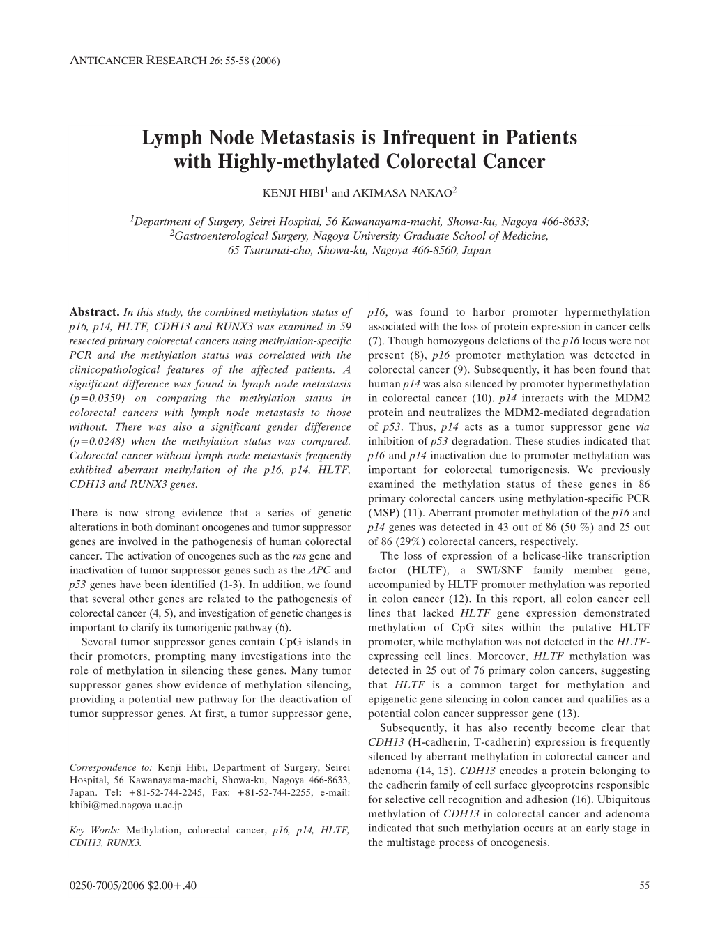 Lymph Node Metastasis Is Infrequent in Patients with Highly-Methylated Colorectal Cancer