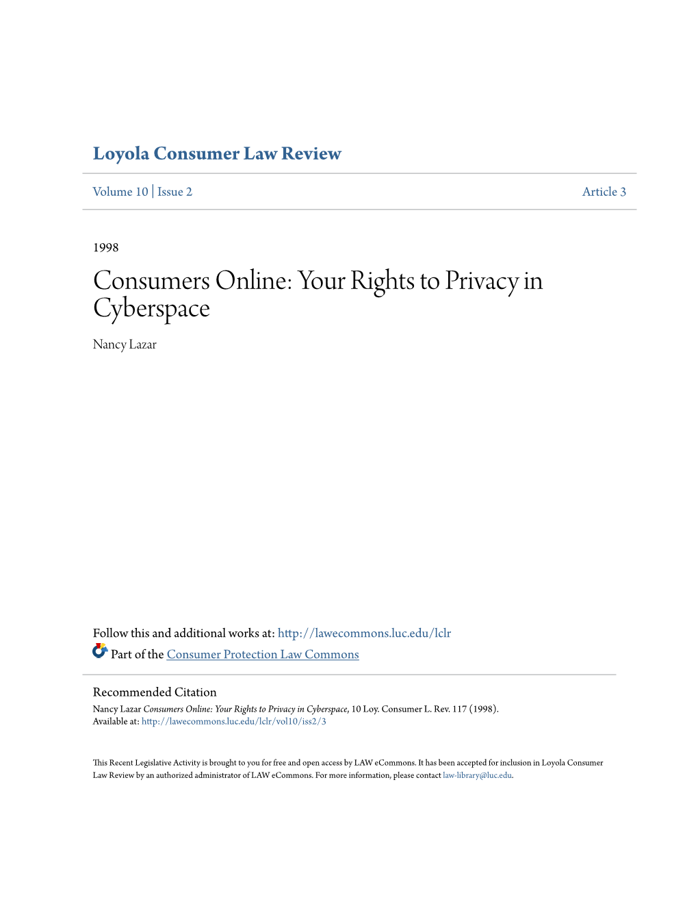 Consumers Online: Your Rights to Privacy in Cyberspace Nancy Lazar