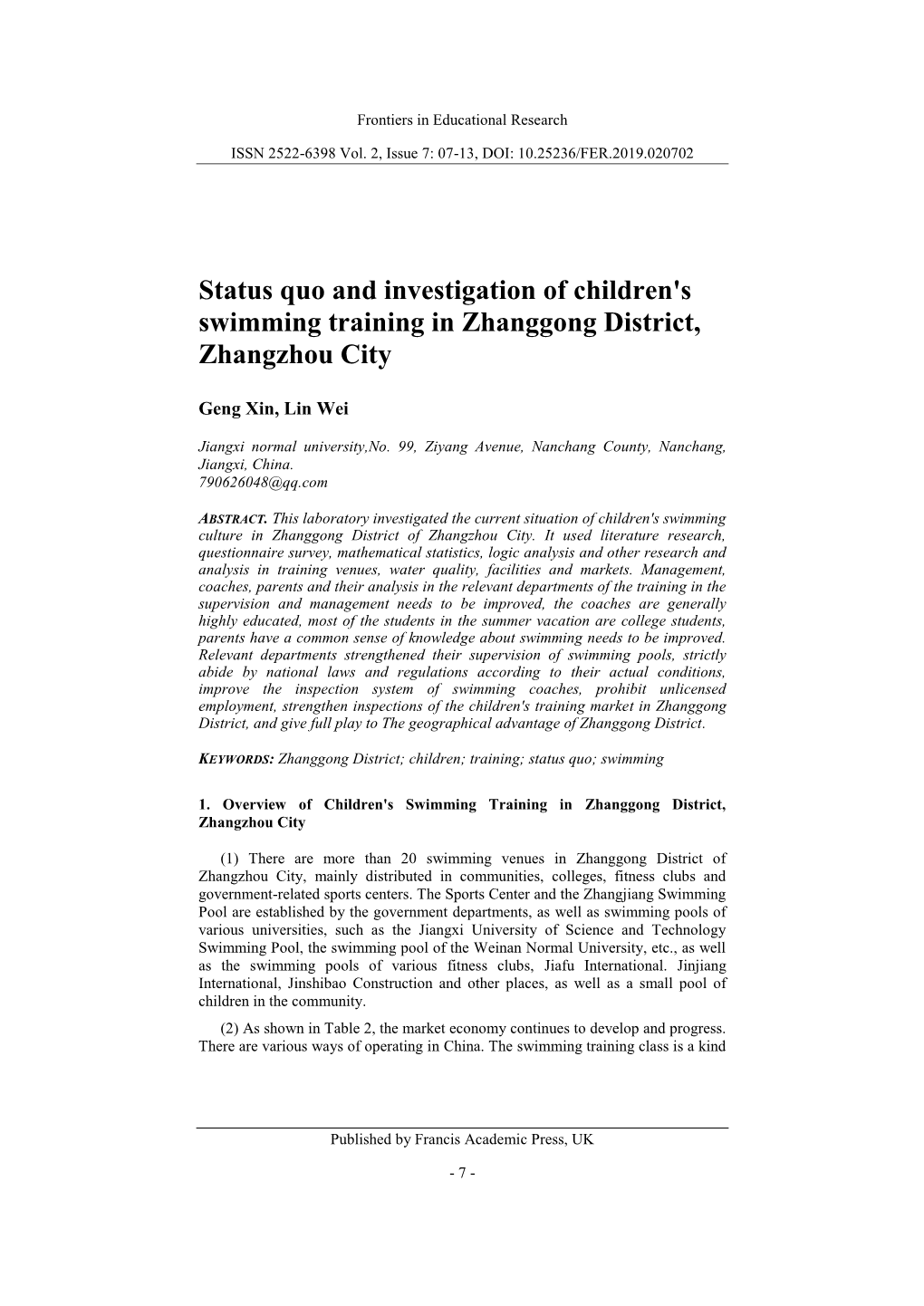 Status Quo and Investigation of Children's Swimming Training in Zhanggong District, Zhangzhou City