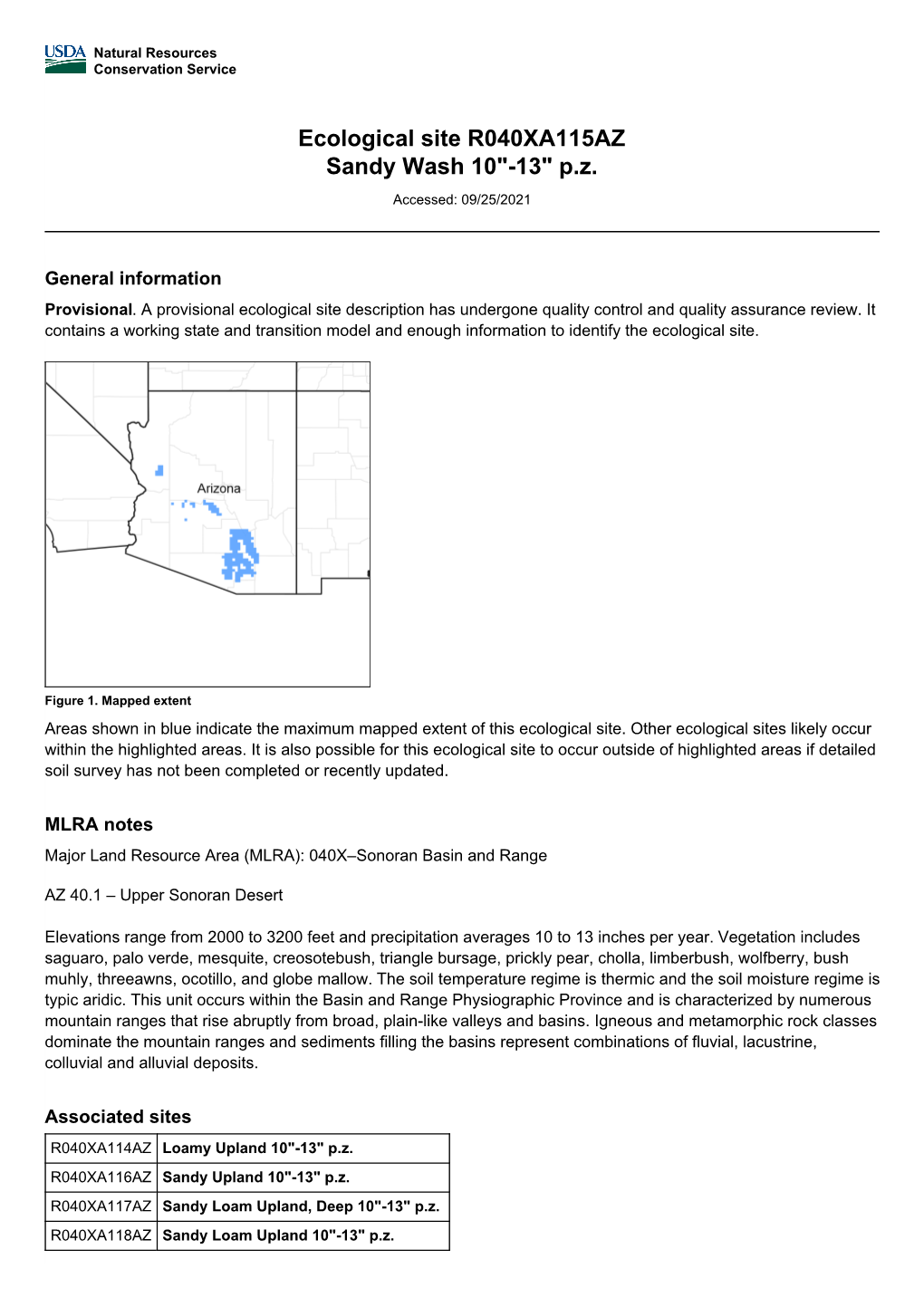 Ecological Site R040XA115AZ Sandy Wash 10"-13" P.Z