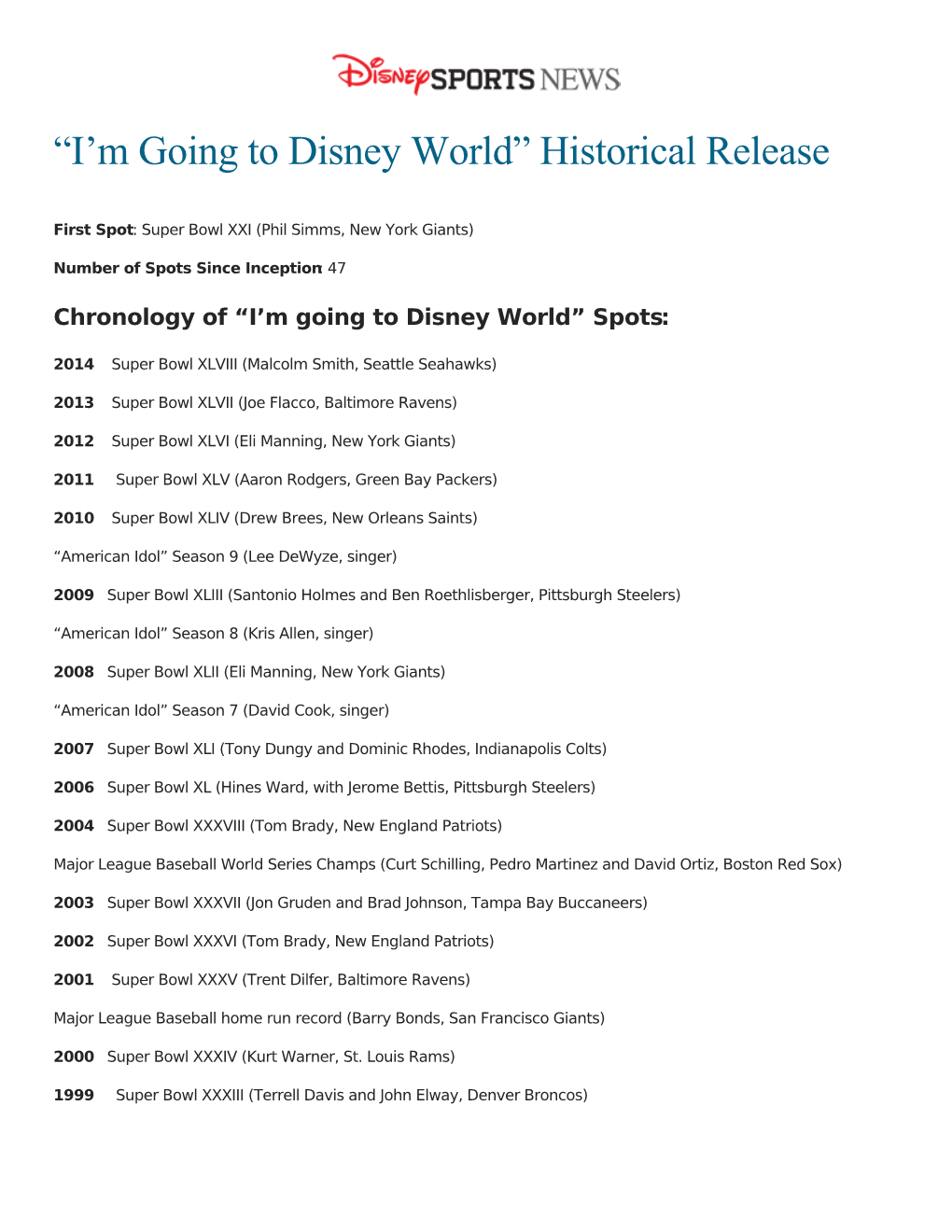 “I'm Going to Disney World” Historical Release