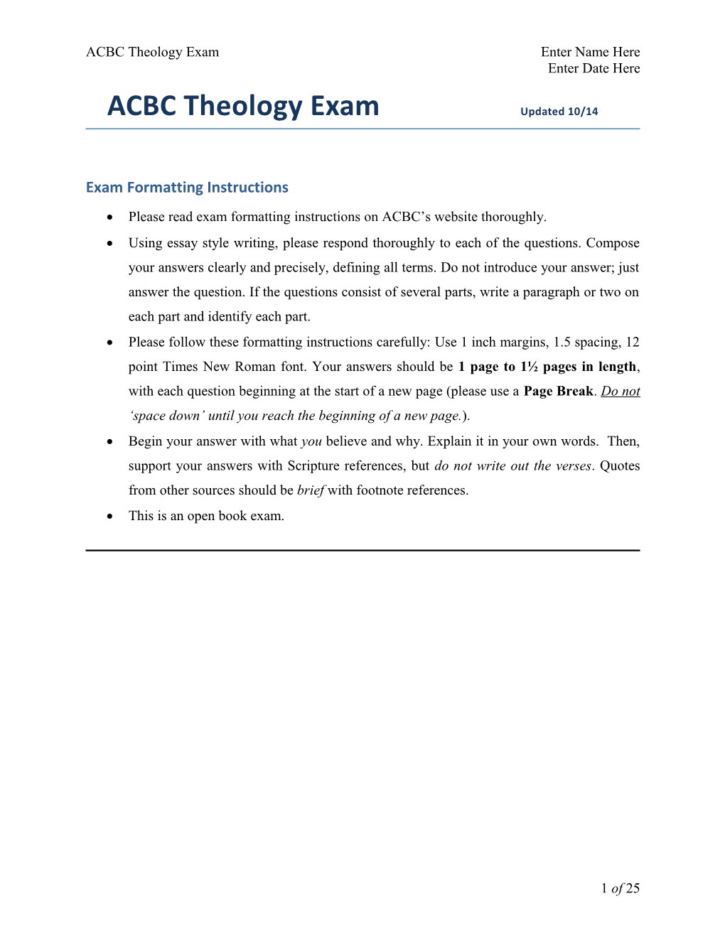 ACBC Theology Exam Enter Name Here