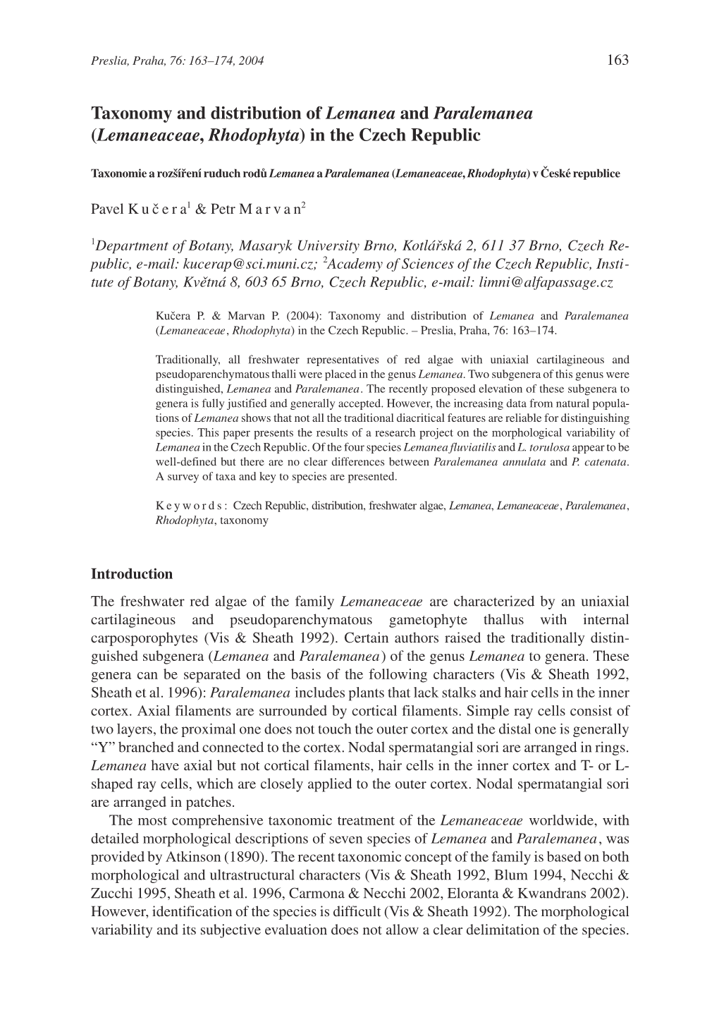 Taxonomy and Distribution of Lemanea and Paralemanea (Lemaneaceae, Rhodophyta) in the Czech Republic