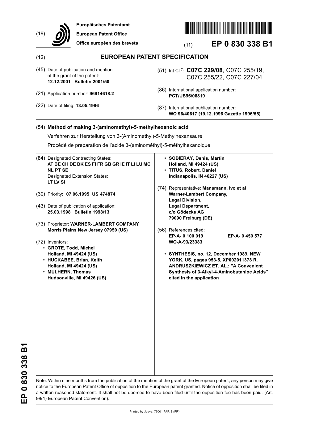 Method of Making 3-(Aminomethyl)-5-Methylhexanoic Acid