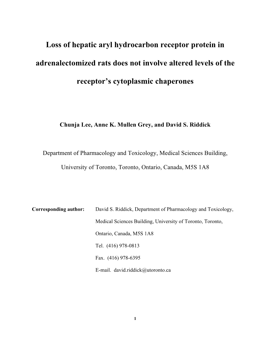 Loss of Hepatic Aryl Hydrocarbon Receptor Protein in Adrenalectomized Rats Does Not Involve Altered Levels of the Receptor's C